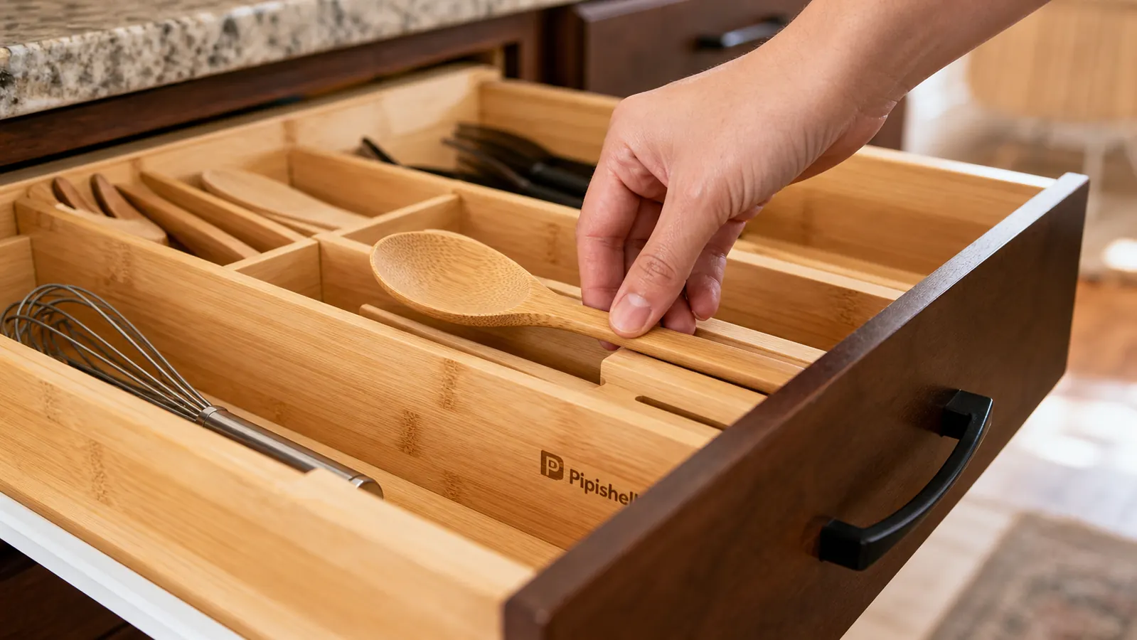Hand sliding a wooden spoon into a compartment of the bamboo expandable drawer organizer