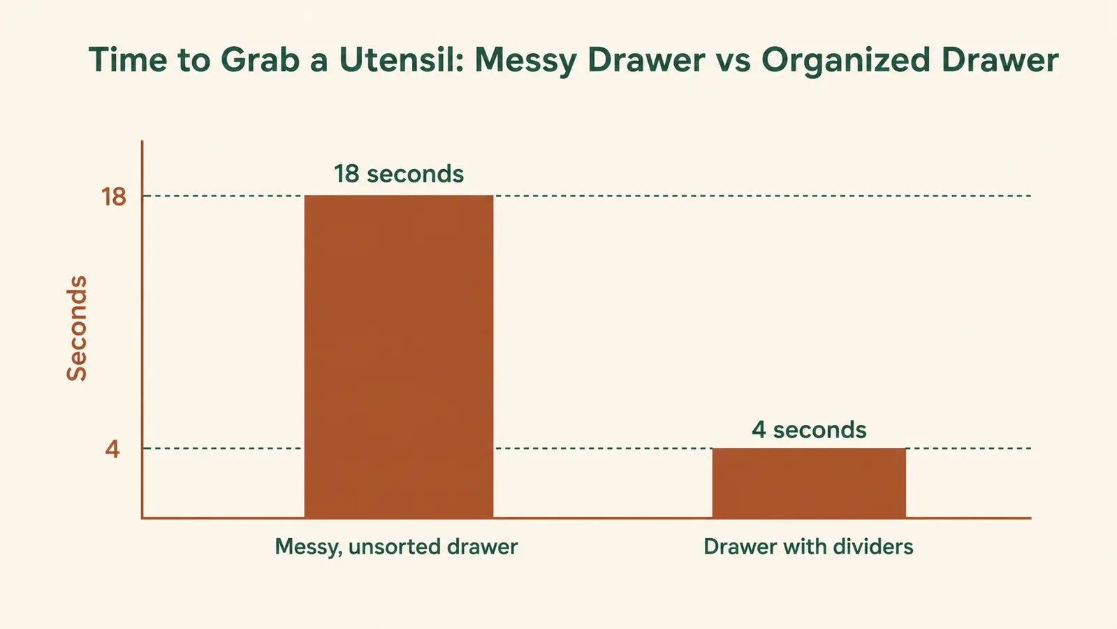 Bar chart comparing average time to find a utensil in a messy drawer versus an organized drawer