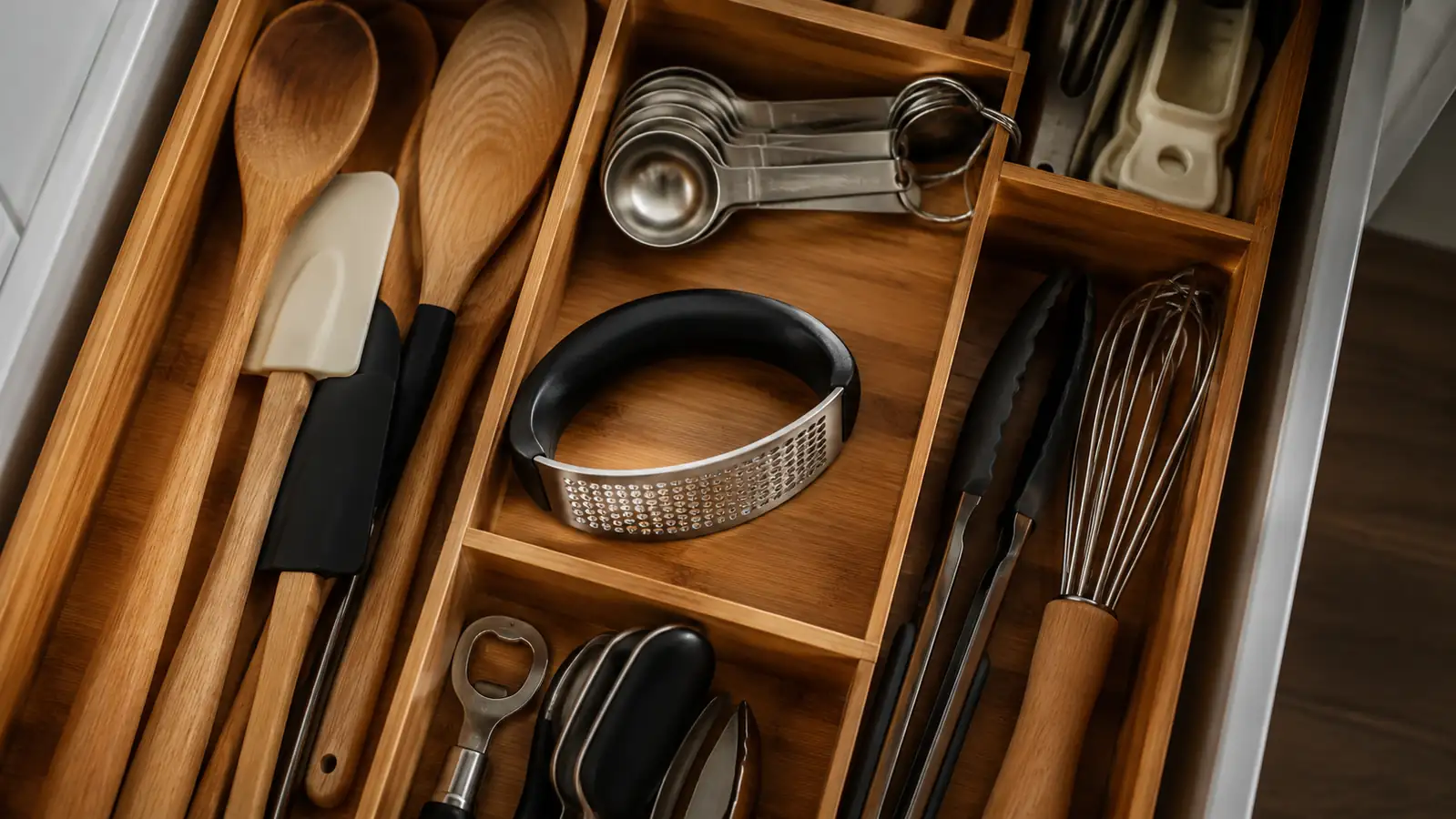 Garlic press stored flat in a kitchen drawer alongside other cooking utensils