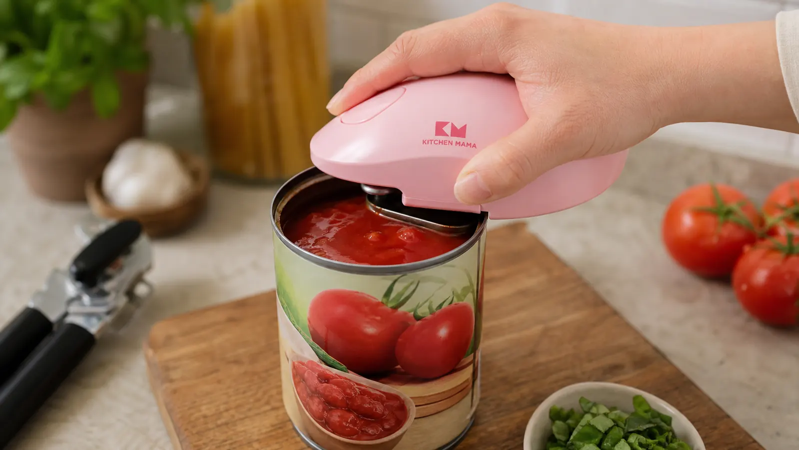 A hand pressing the automatic electric can opener down onto the rim of a can while a manual opener sits unused nearby
