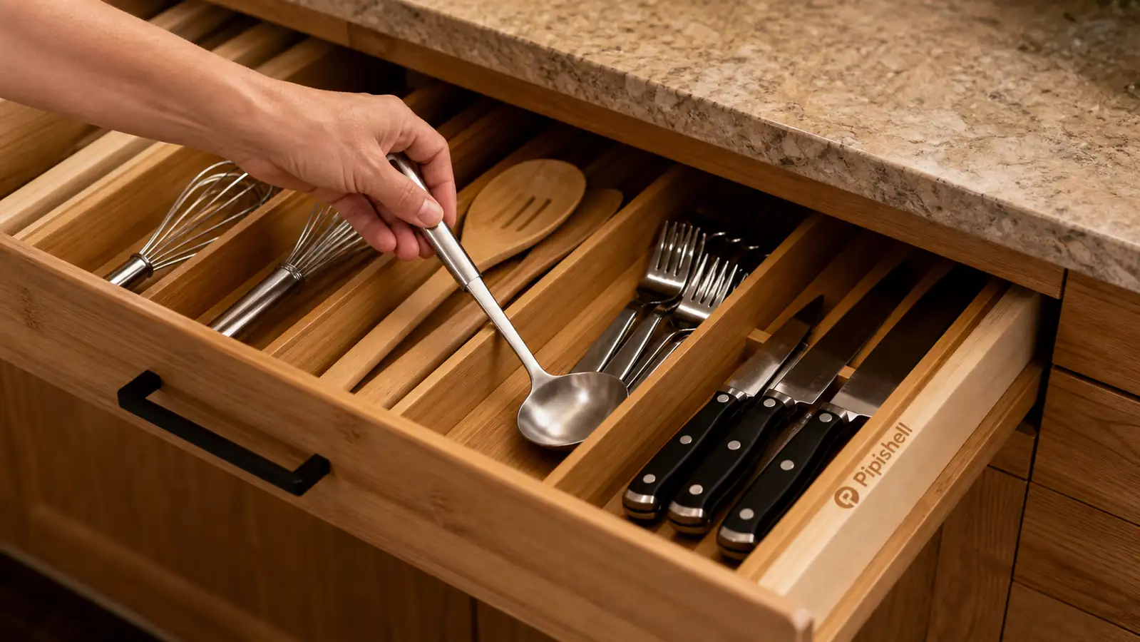 Hand placing a ladle into a labeled slot of a bamboo expandable drawer organizer inside a kitchen drawer