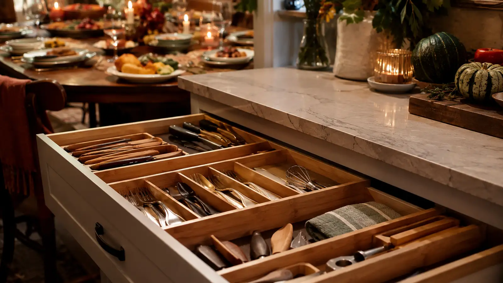 Thanksgiving table set with dishes in the background while a kitchen drawer sits open and organized in the foreground