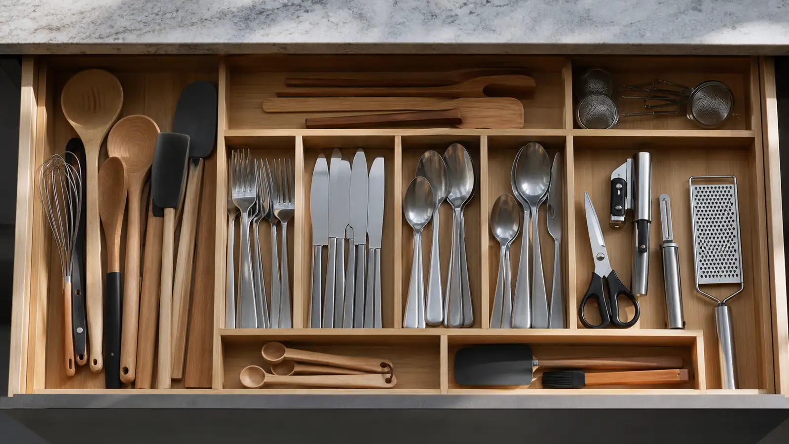Overhead view of a fully organized kitchen drawer with bamboo dividers holding utensils sorted by type, morning light
