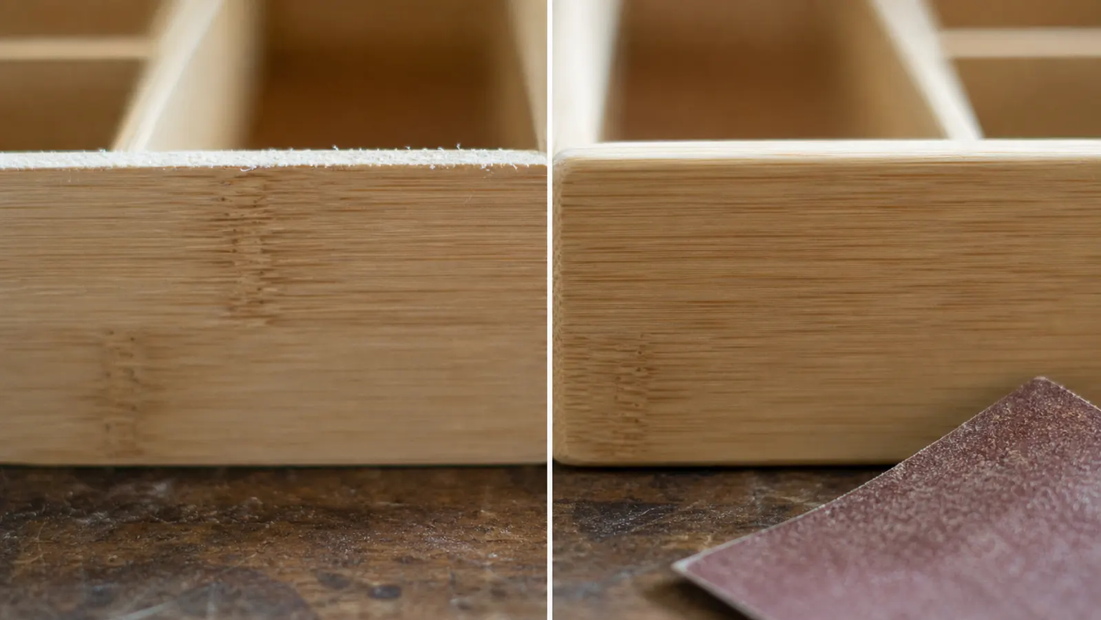 Close-up comparison of a rough sawn bamboo edge next to the same edge after light sanding