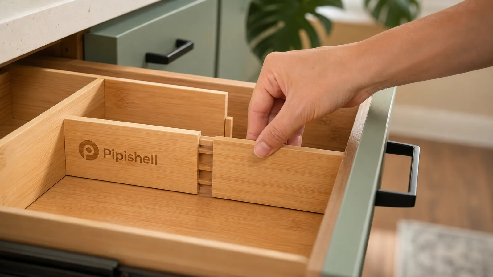 Hand adjusting the expandable bamboo slats of the drawer organizer to fit a kitchen drawer