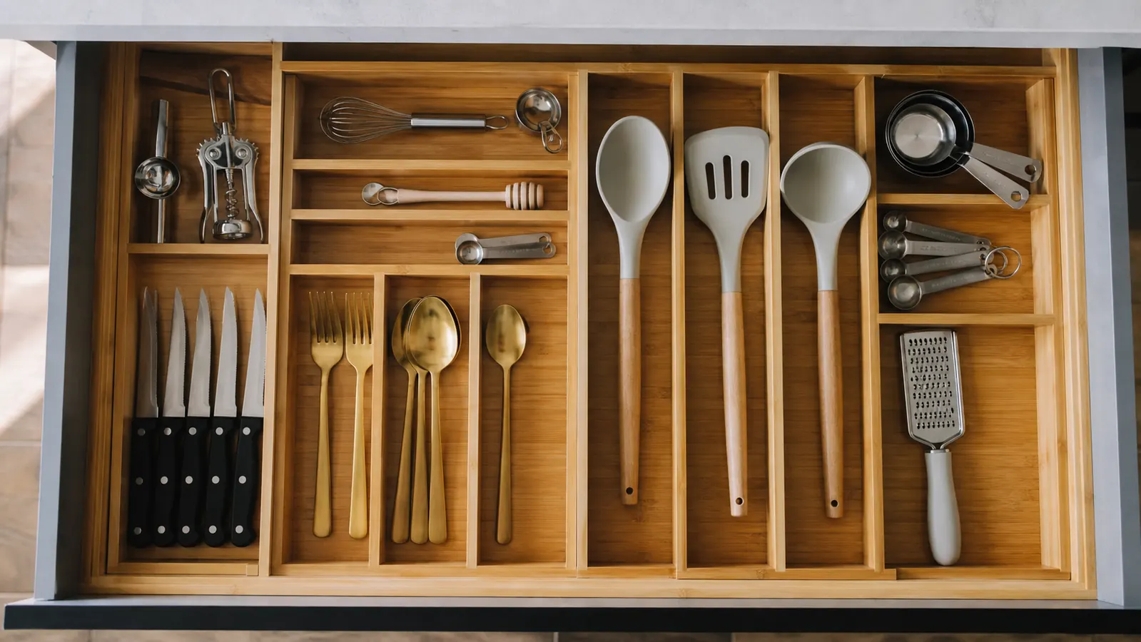 Organized utensil drawer viewed from above showing bamboo dividers with cooking tools sorted by type