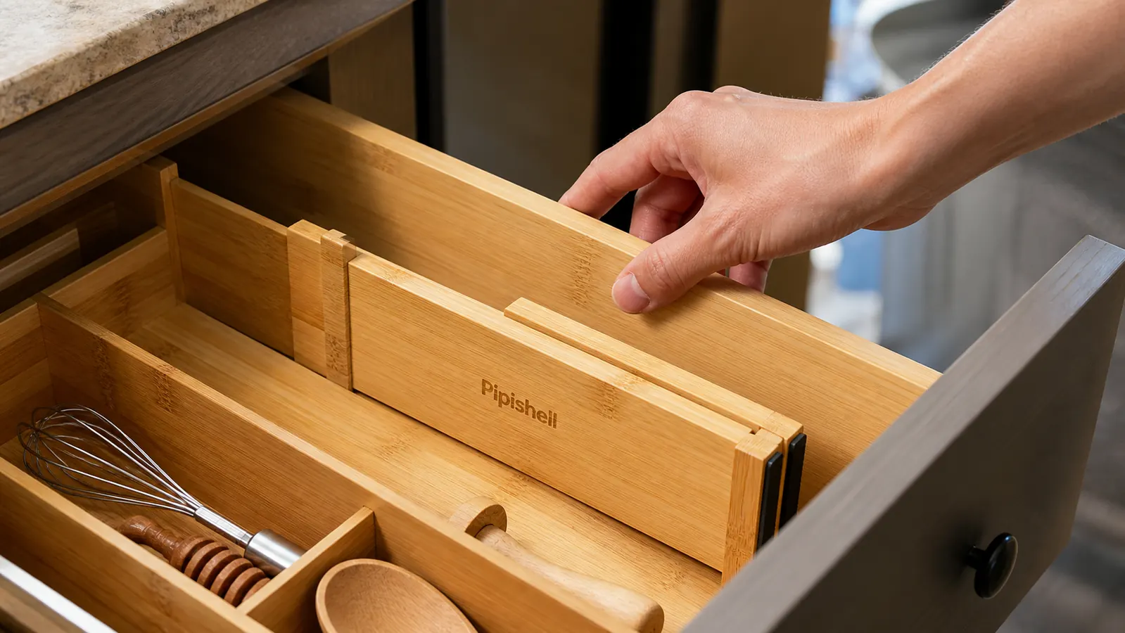 Hand sliding the expandable bamboo panel of the drawer organizer to match the width of a kitchen drawer