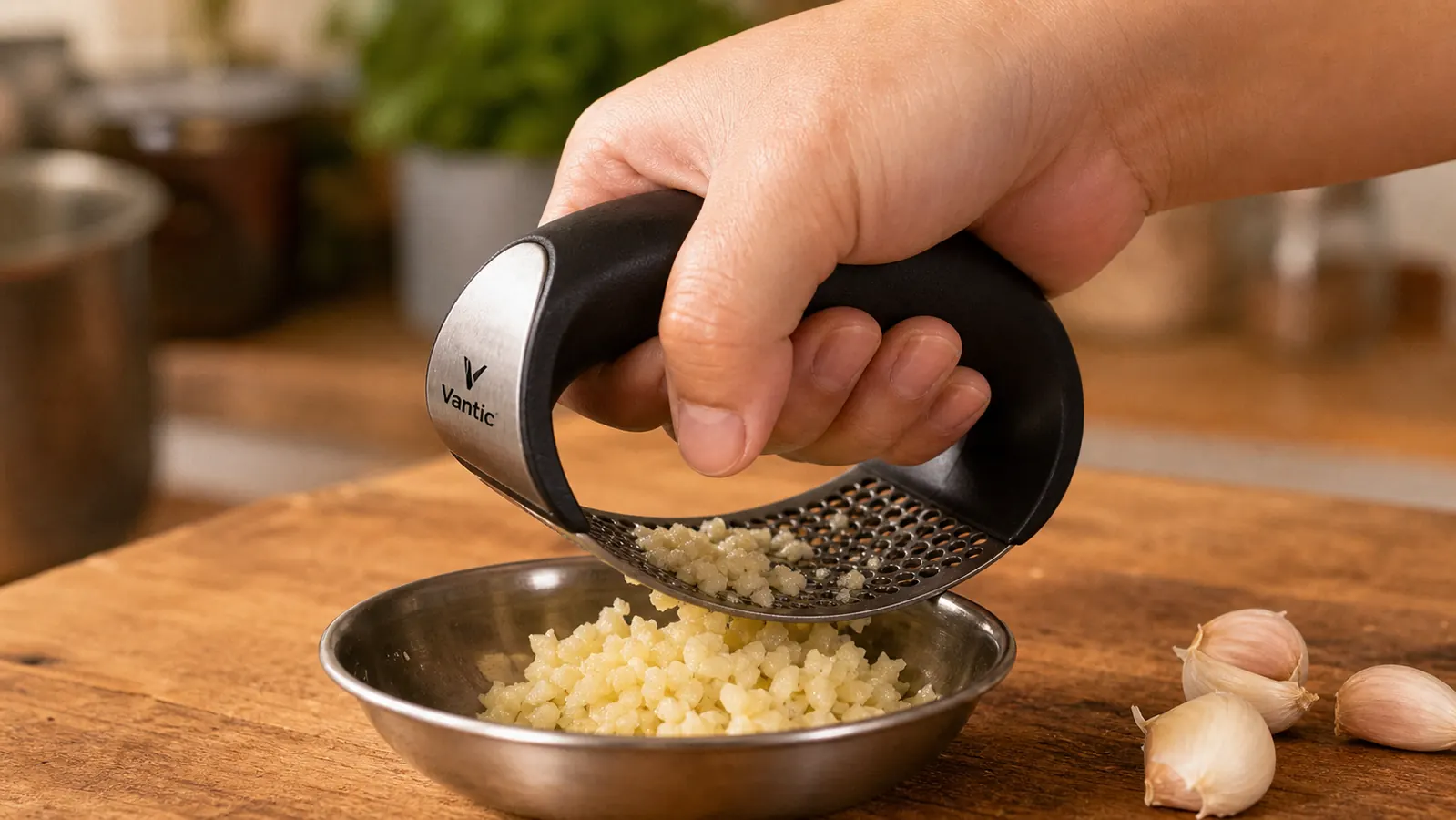 Hand rocking a stainless steel garlic press down over a small bowl with several unpeeled garlic cloves waiting nearby