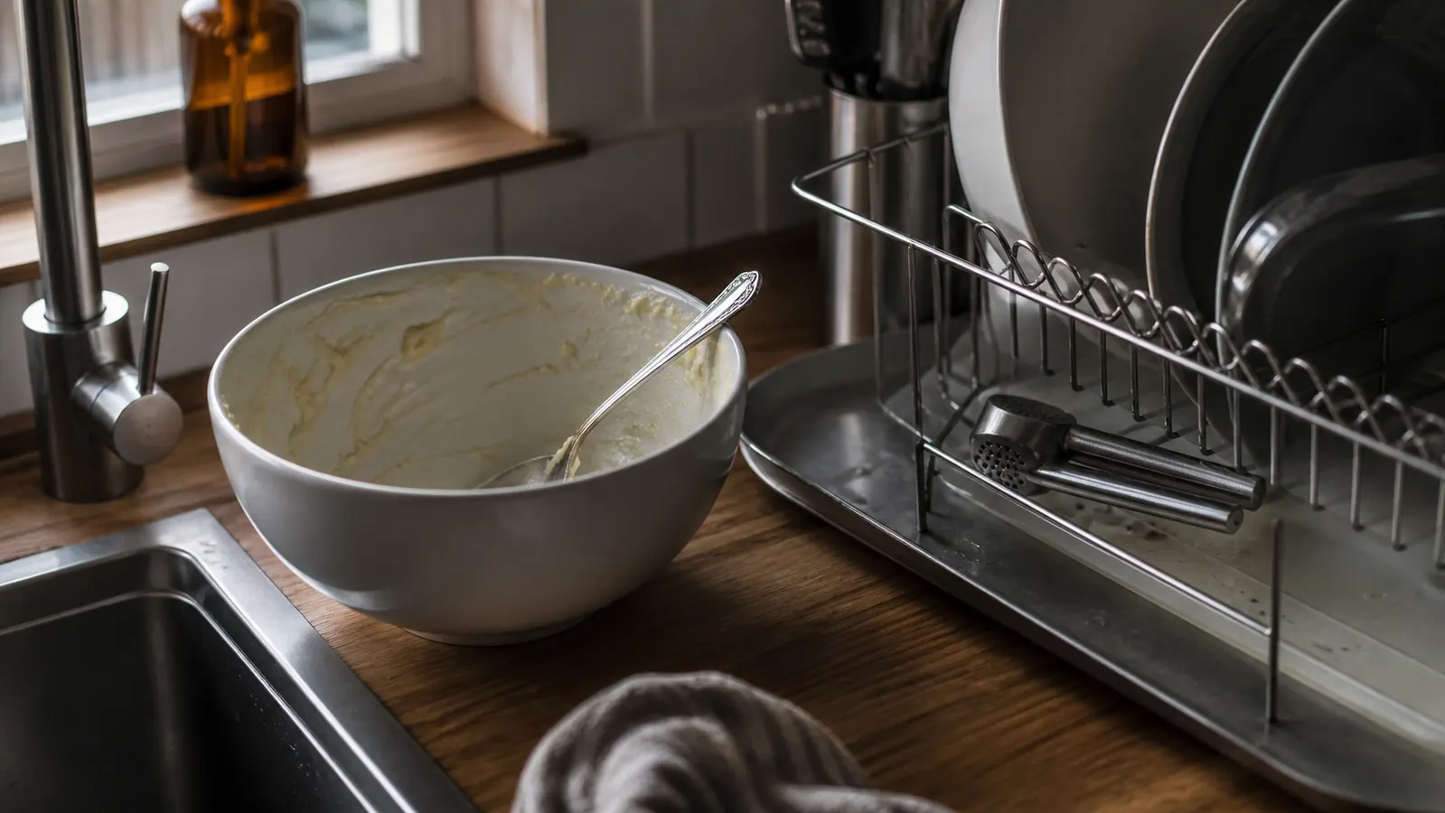 A kitchen counter after a holiday dinner, empty mashed potato bowl and a stainless garlic press sitting in the drying rack