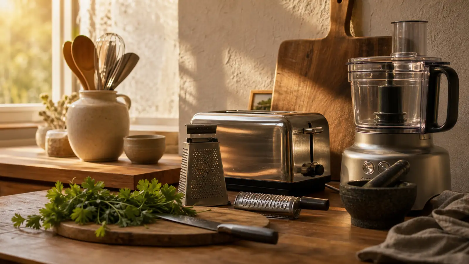 A small home kitchen late at night, a pot steaming on the stove beside a wooden cutting board and a single well-used chef's knife