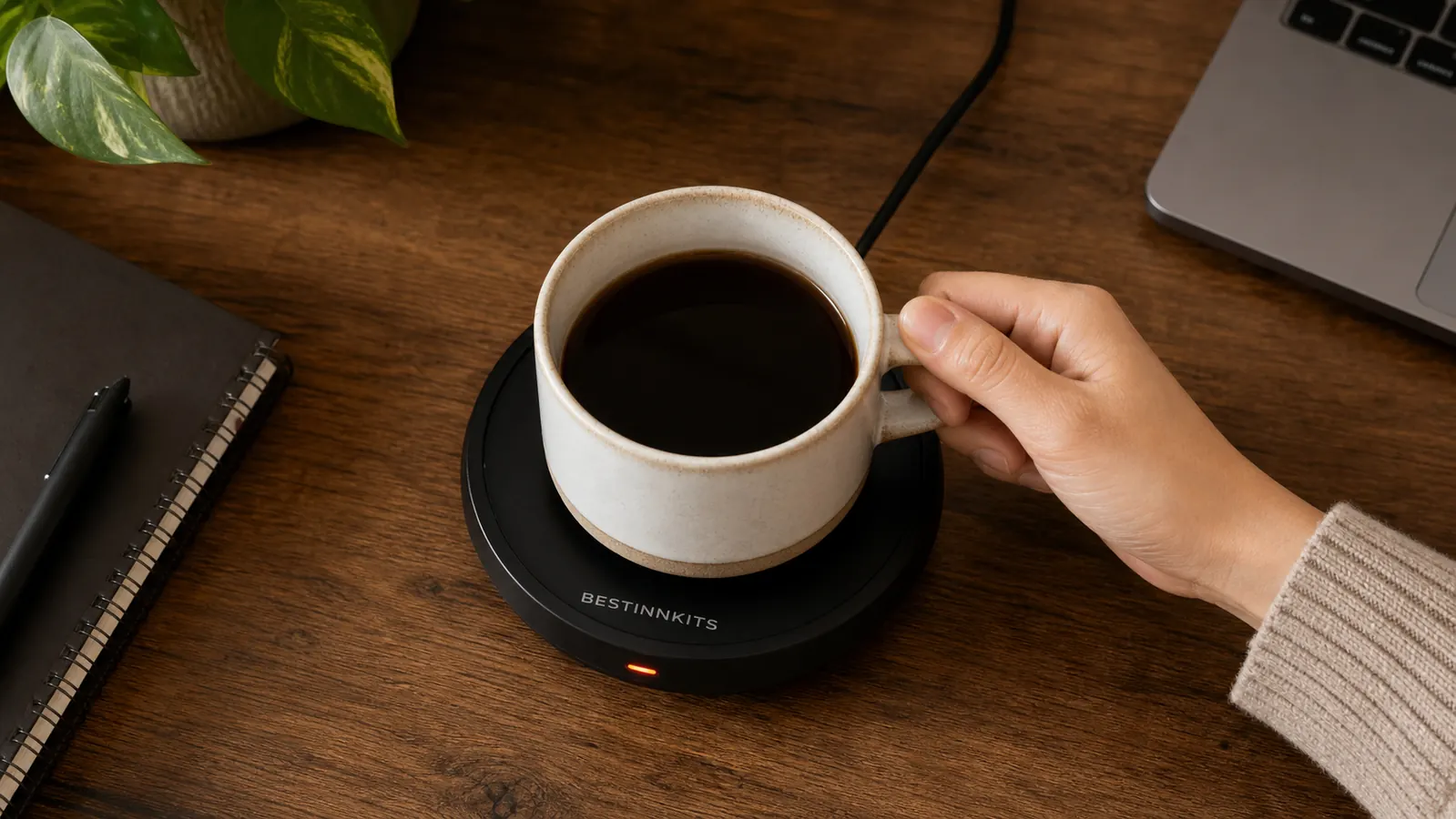A hand centering a flat-bottomed ceramic mug on the mug warmer plate to make sure it sits flush against the sensor