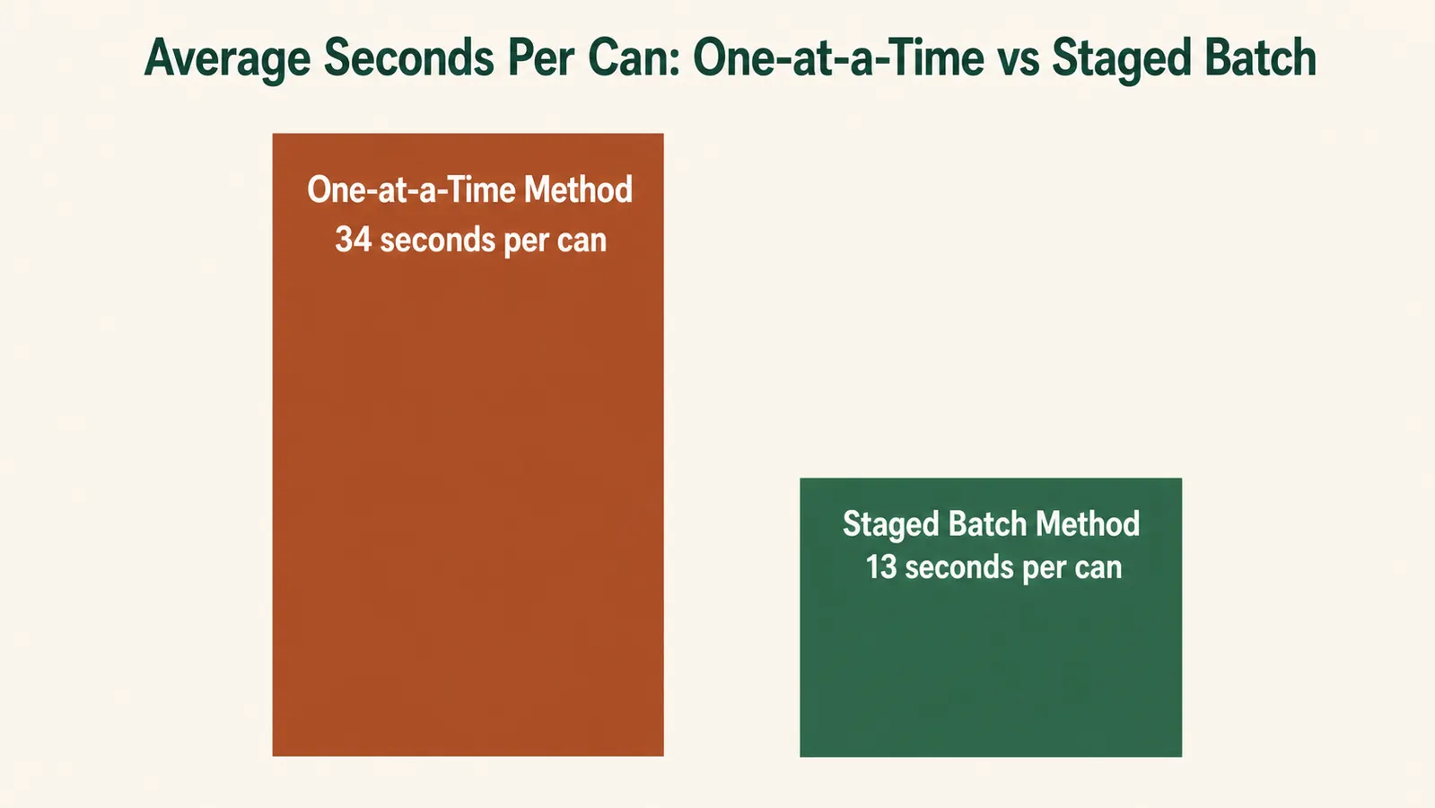 A bar chart comparing average seconds spent per can when opening cans one at a time versus opening them in a staged batch