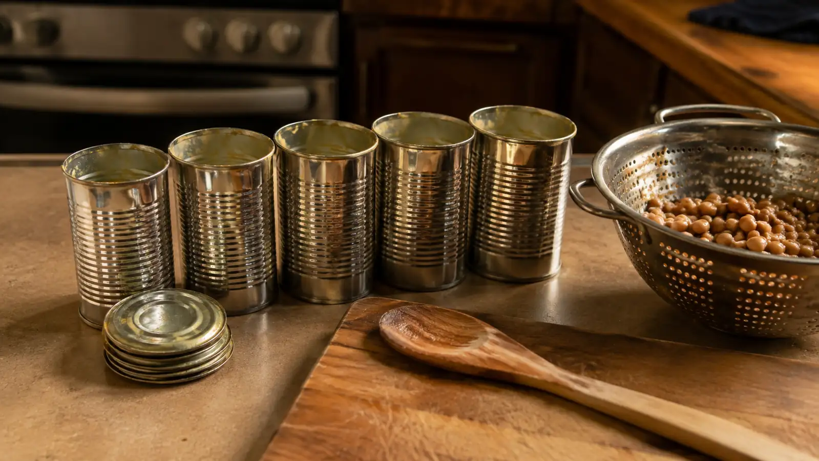 A row of six opened cans with lids stacked separately, next to a colander of drained beans on a counter, ready for a weeknight recipe