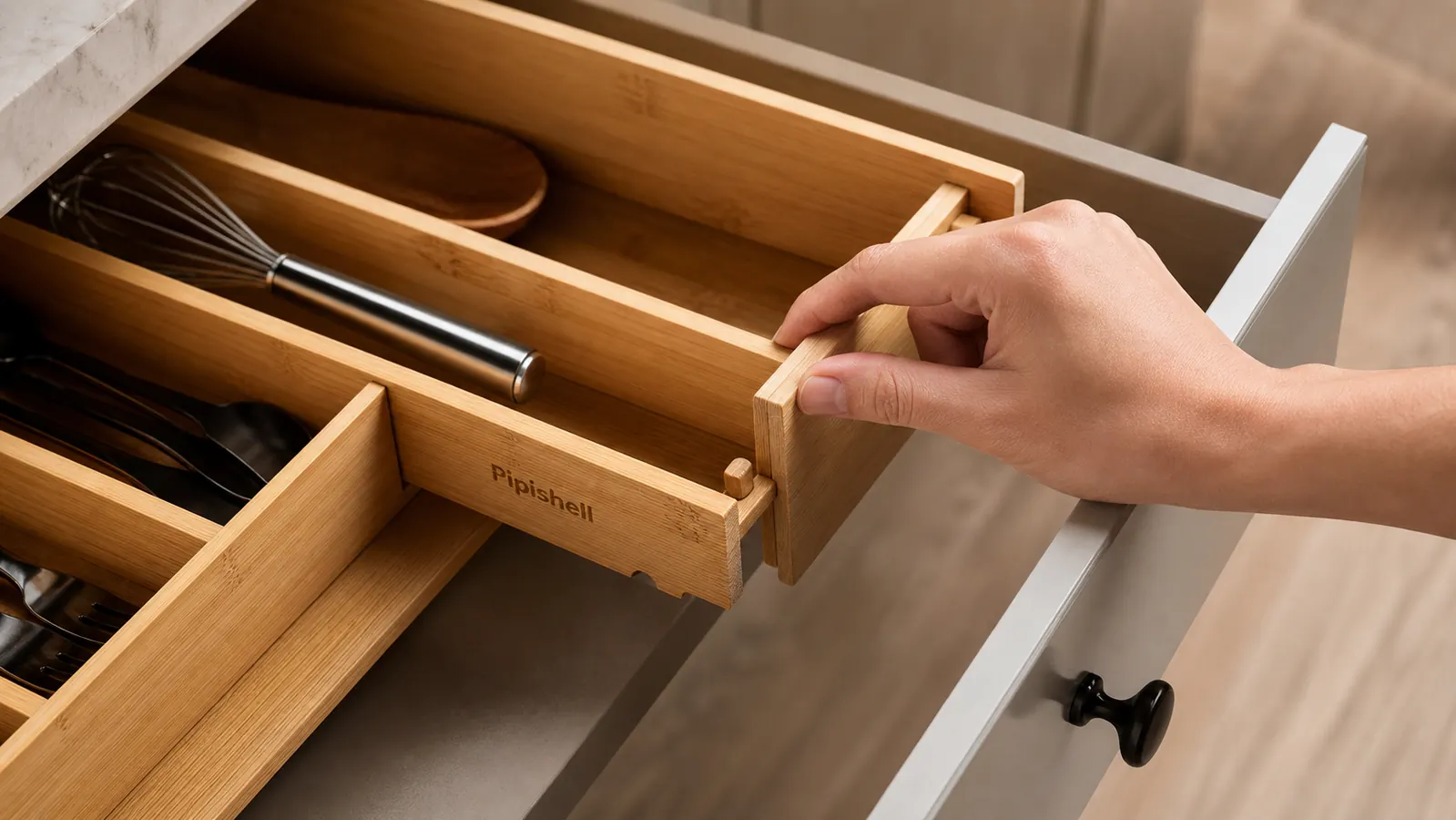 Hands adjusting and locking the expandable bamboo slats of a drawer organizer to fit a kitchen drawer
