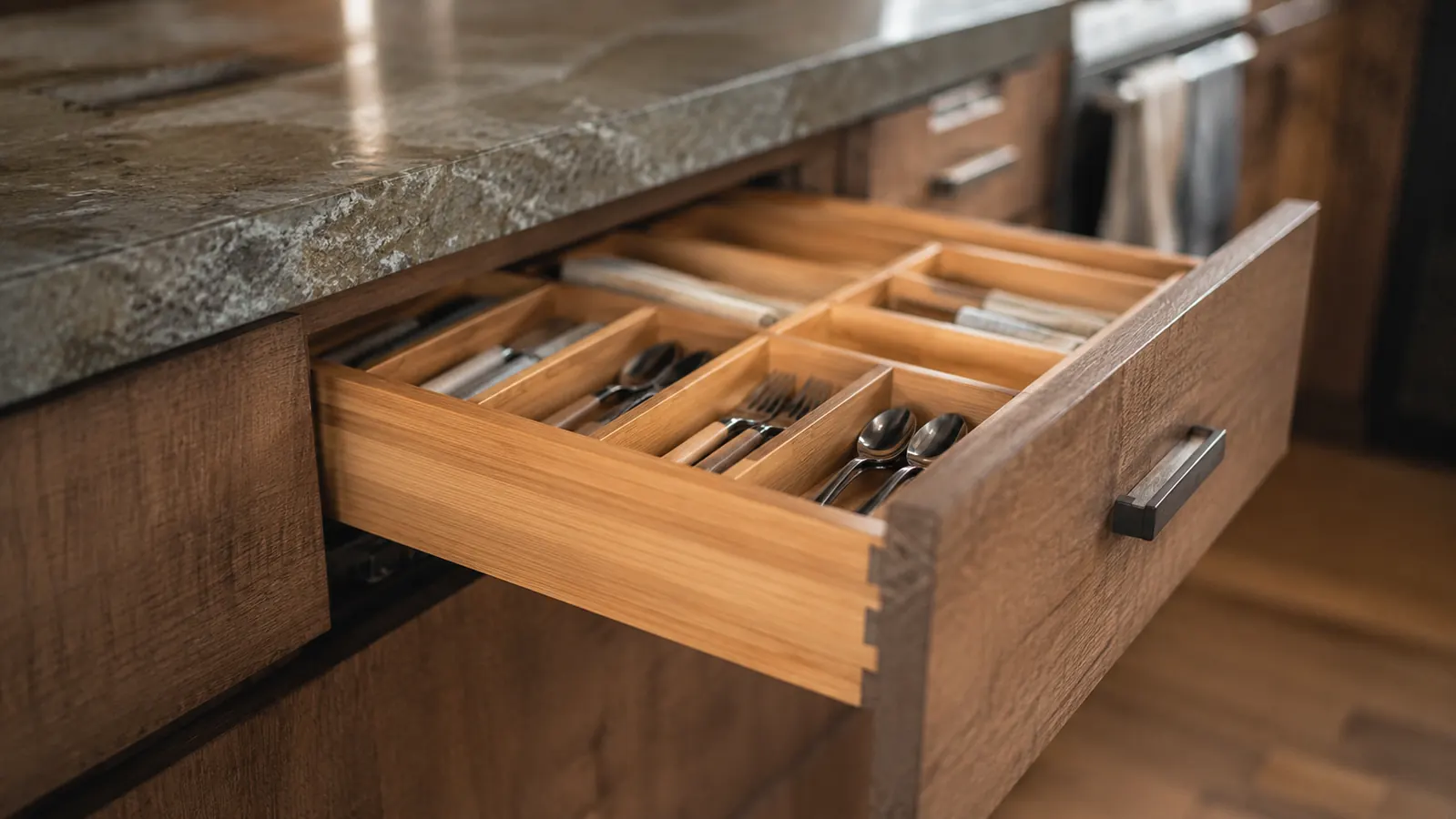 Kitchen drawer sliding open smoothly and sitting flush and level, showing the organizer fitted inside
