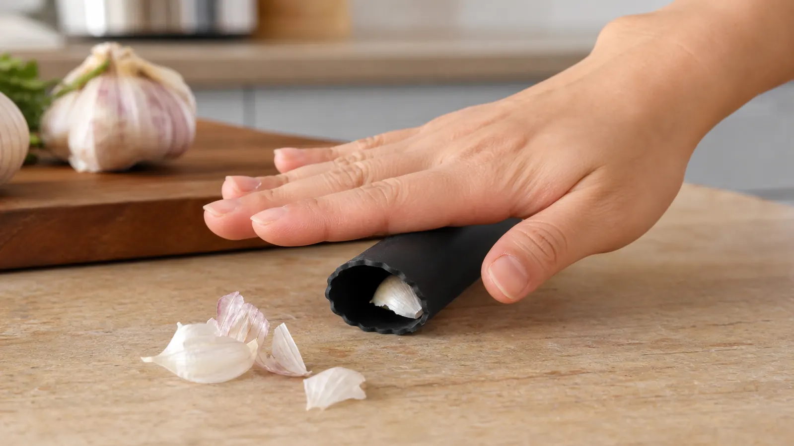 A hand rolling a garlic clove inside a rubber peeler sleeve to remove the skin