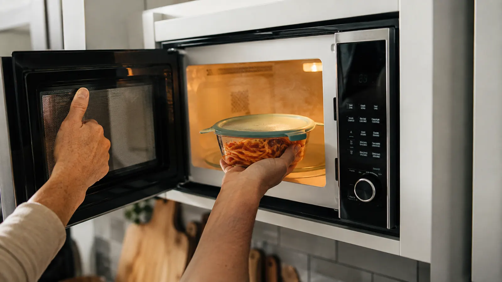A person reheating a covered bowl of leftovers in a microwave with the lid still on