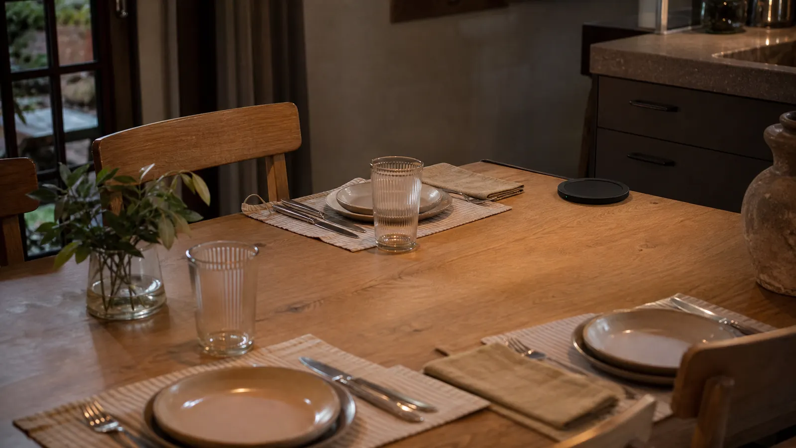 A kitchen table cleared for dinner with the small mug warmer plate sitting empty at the edge, cord neatly tucked along the table's back edge