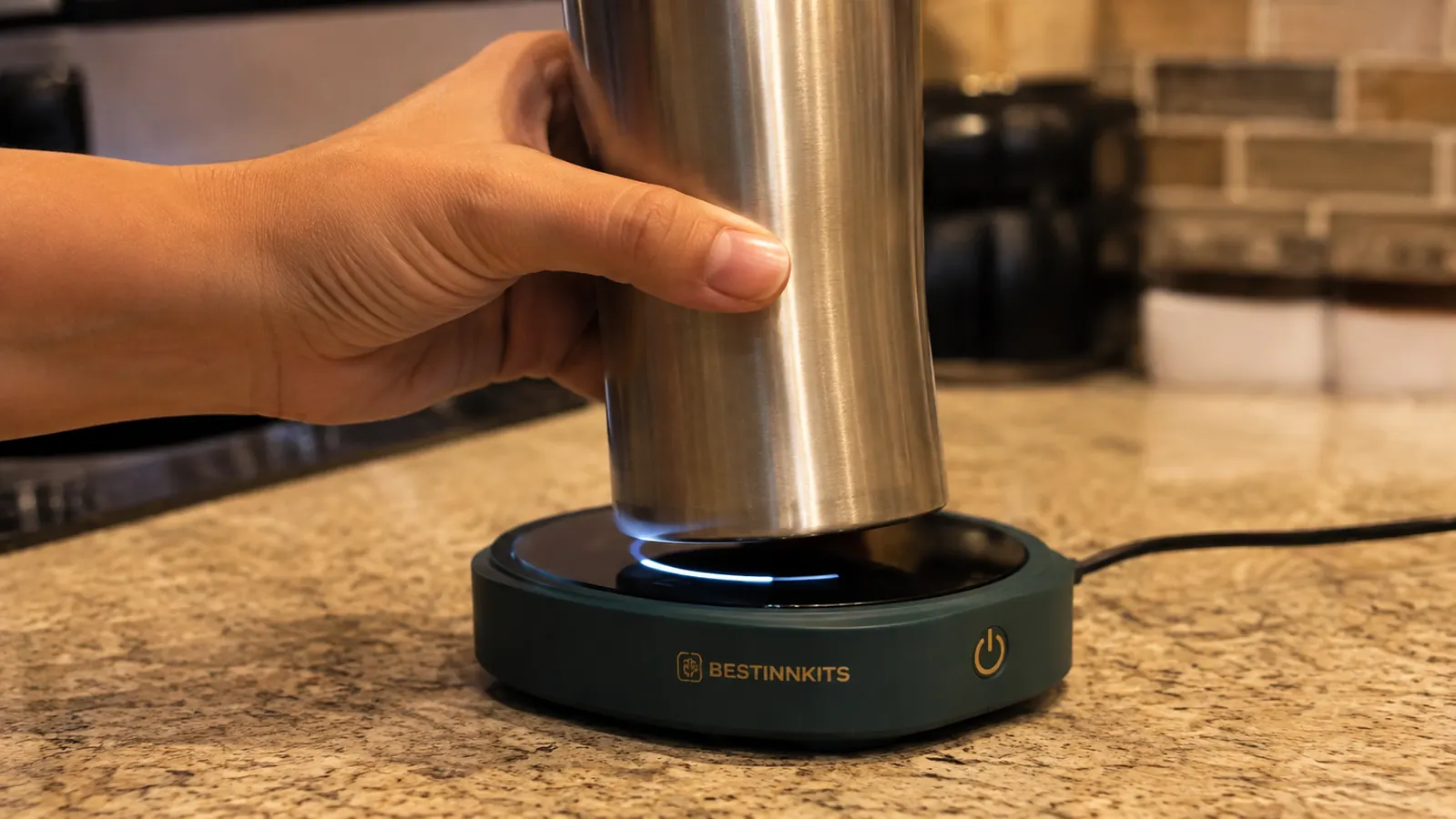 A hand pressing a narrow-base travel mug down onto the mug warmer plate to test whether the sensor triggers