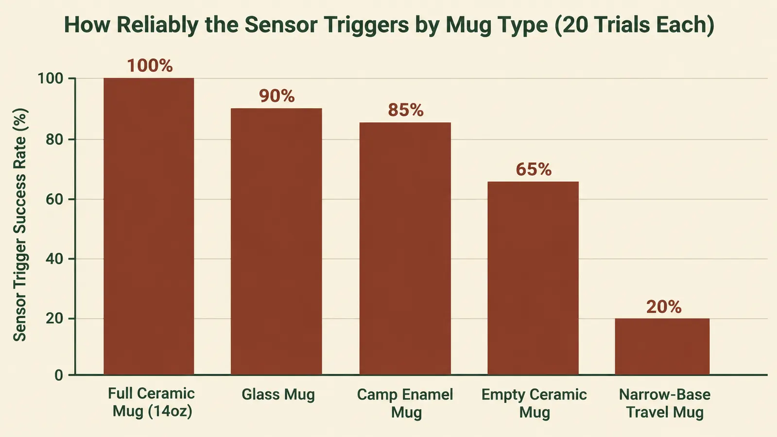 Bar chart showing sensor trigger success rate across five different mug types, from a full ceramic mug at 100 percent down to a narrow travel mug at 20 percent