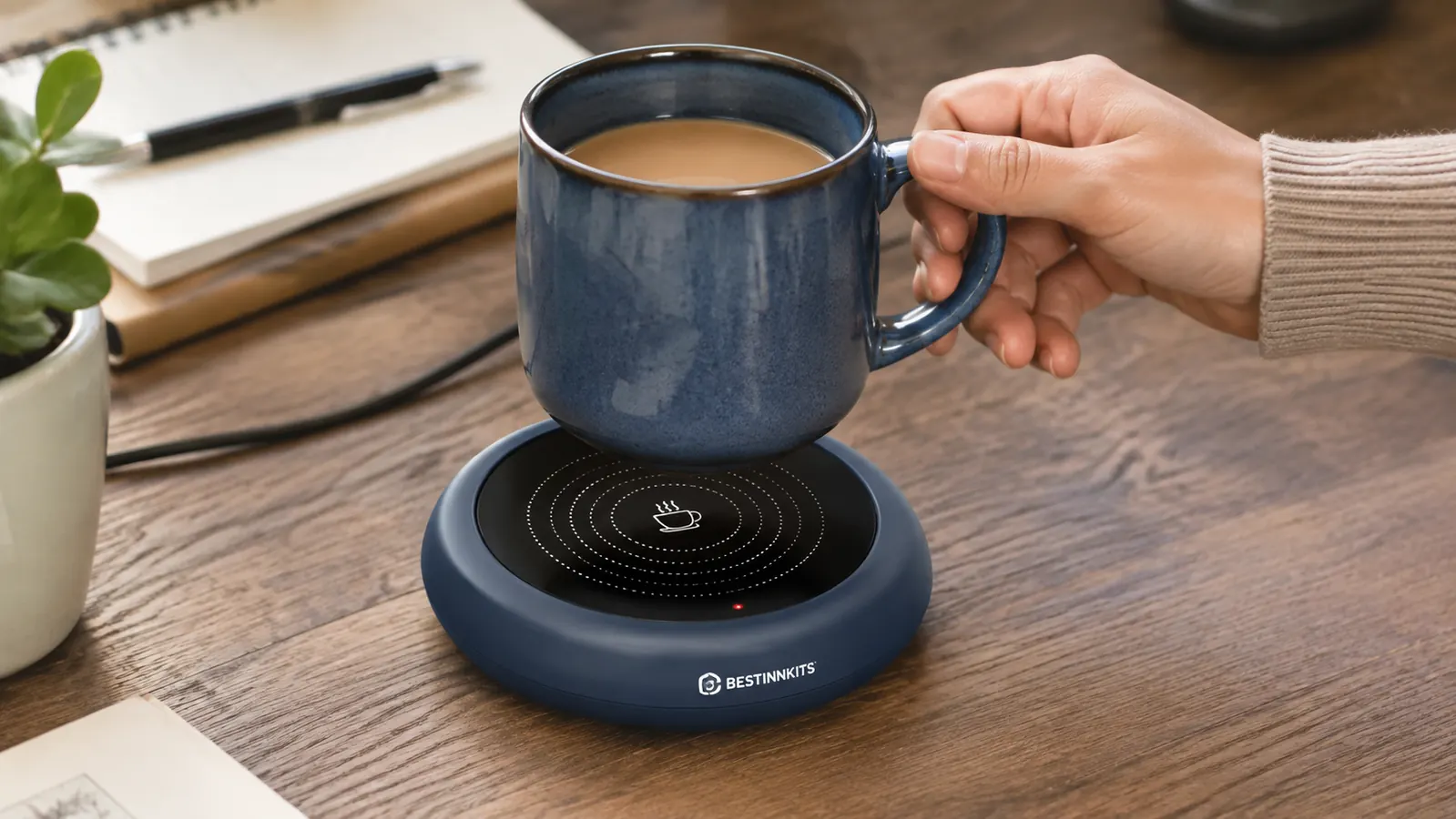 A hand setting a stoneware mug onto the mug warmer plate, showing the auto on/off indicator light