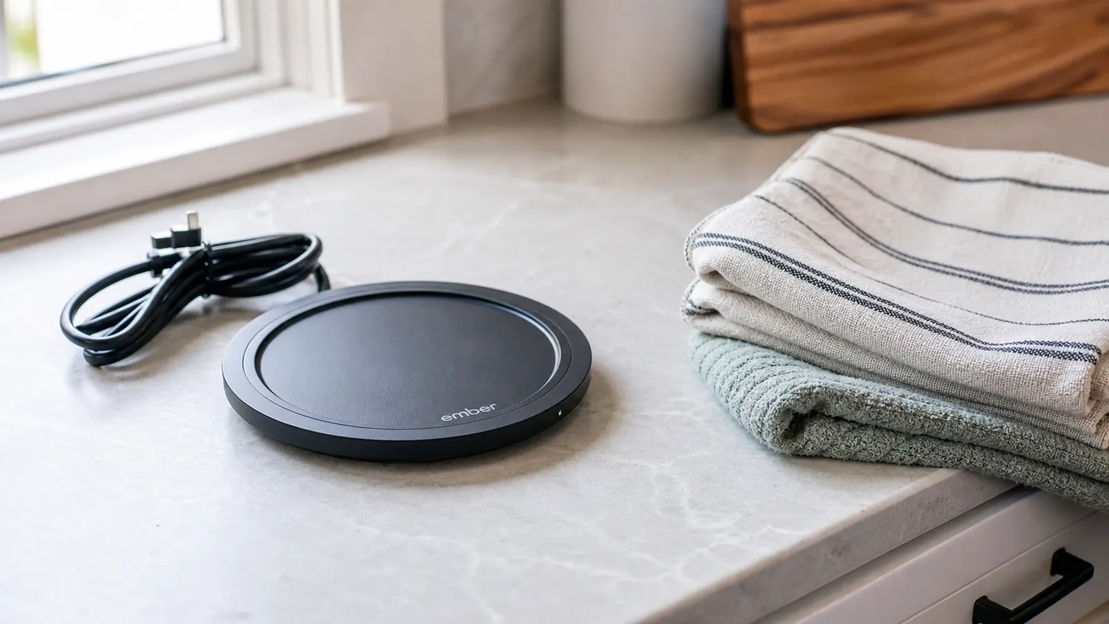 A desk mug warmer plate sitting empty and unplugged next to a stack of folded dish towels, cord wrapped neatly