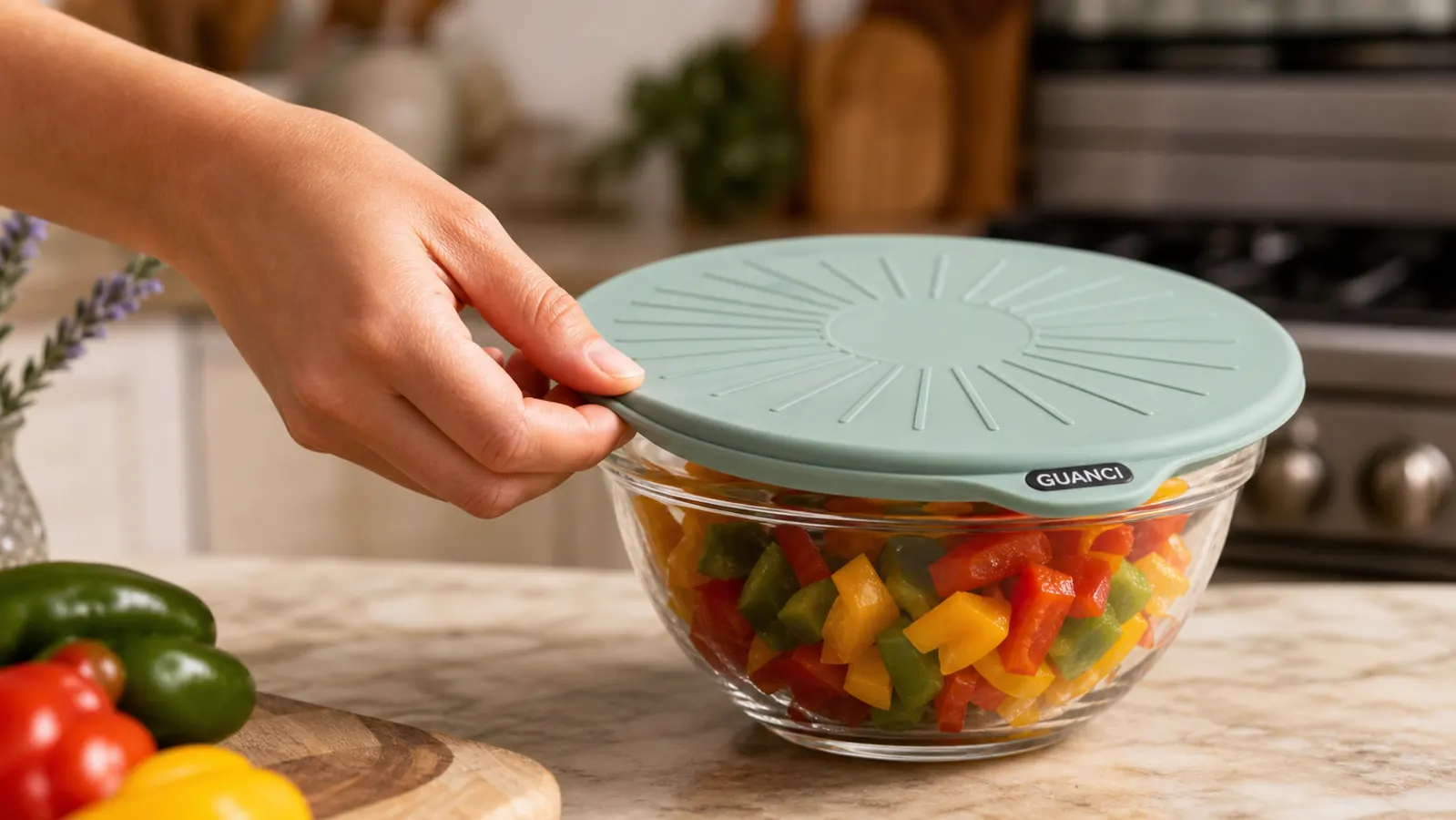 A hand stretching a silicone lid over the rim of a glass mixing bowl filled with cut vegetables