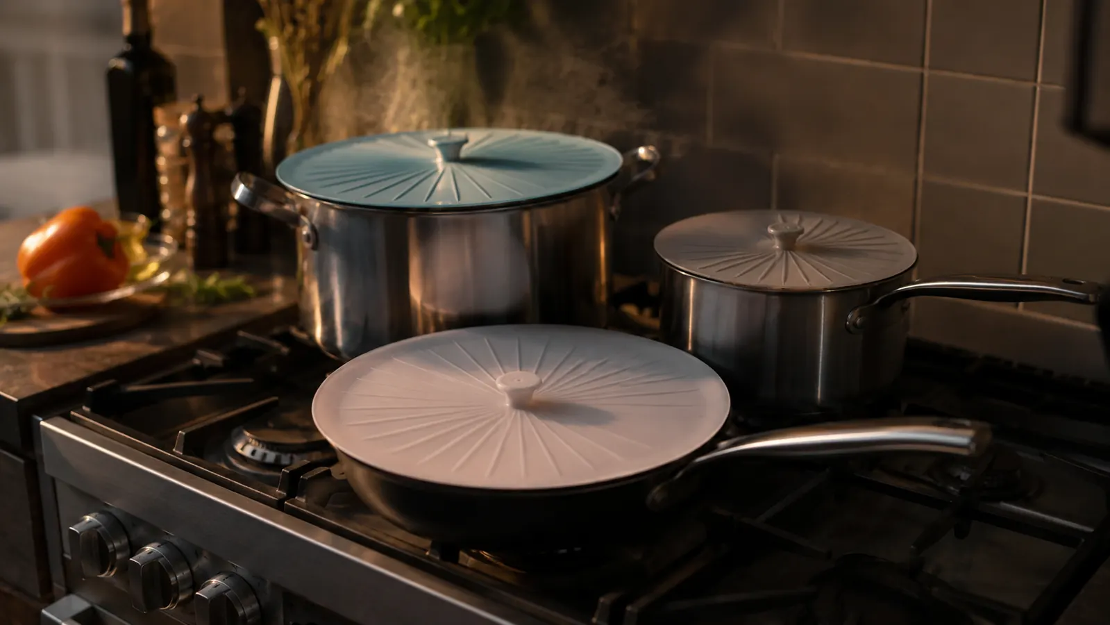 Silicone lids stretched over pots and pans cooling on a stovetop after dinner