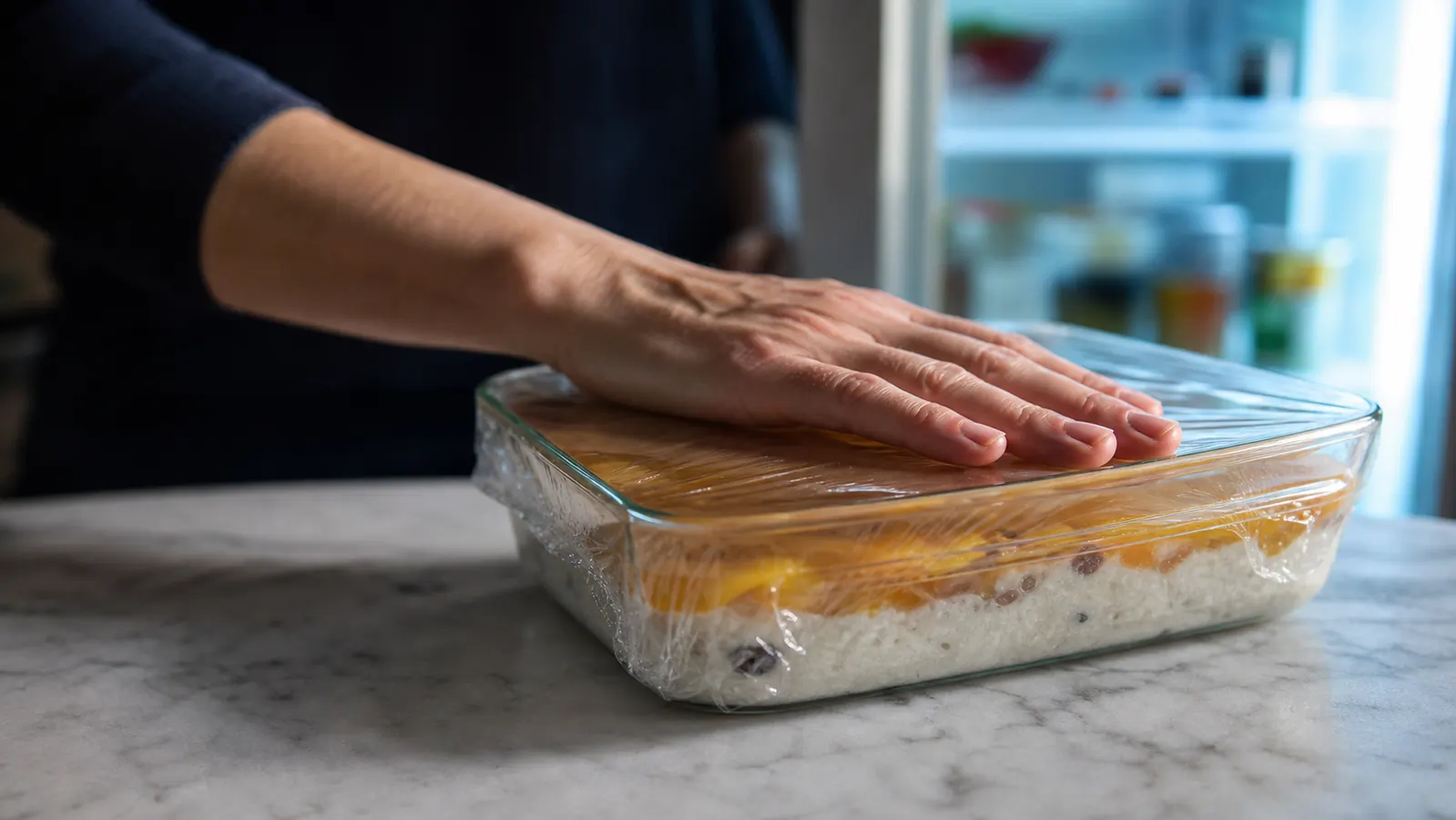 A sheet of plastic wrap stretched tightly over a rectangular glass baking dish going into the fridge